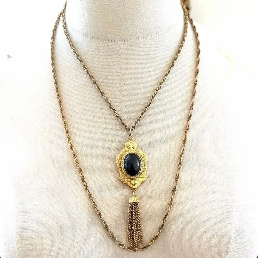 Vintage Double Chain Victorian Revival Pendant Necklace with Tassel